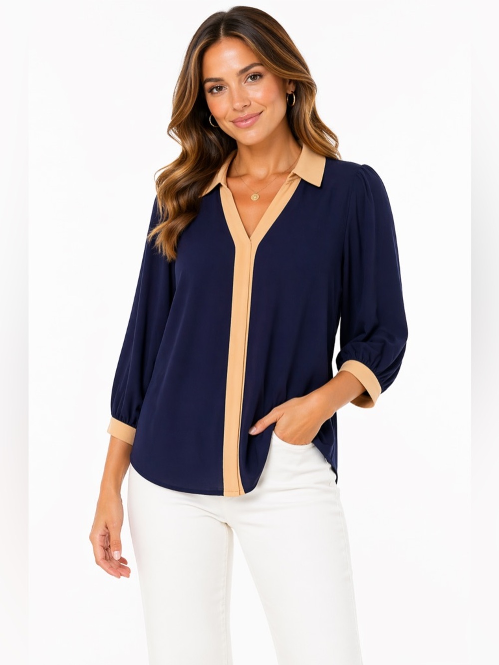 EUC Atelier 29 Size XL Navy and Tan Luxury‎ Women's Top